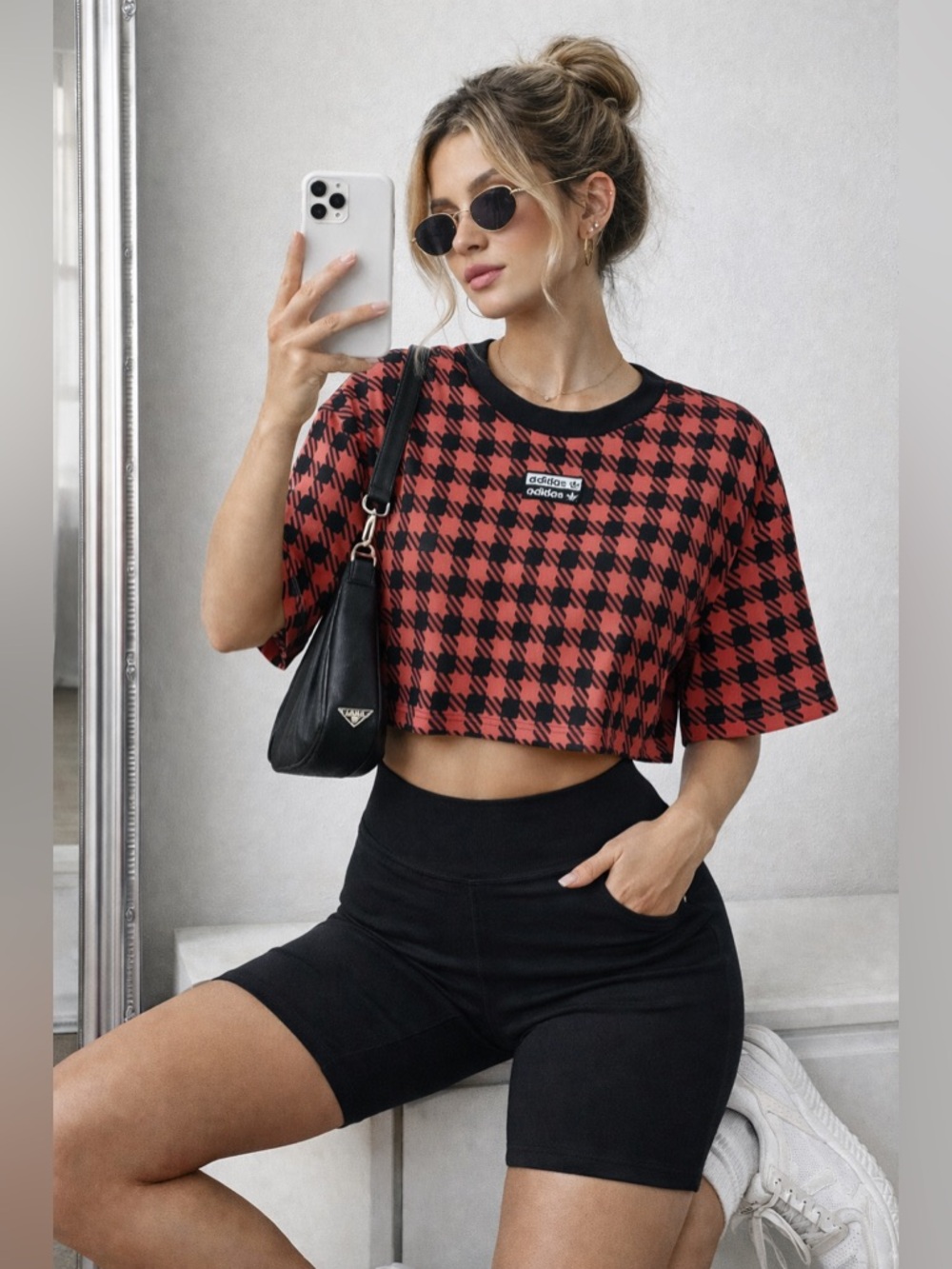 Adidas Graphic Tee Womens Red Black Houndstooth Print Streetwear Oversized Top